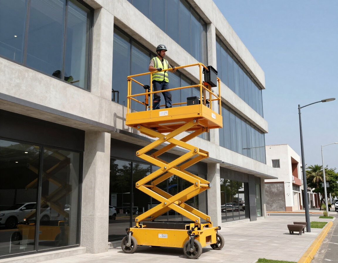 Técnico trabajando en altura con equipo de elevación
