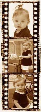 A baby is sitting in a chair in a collage of sepia toned film strips.