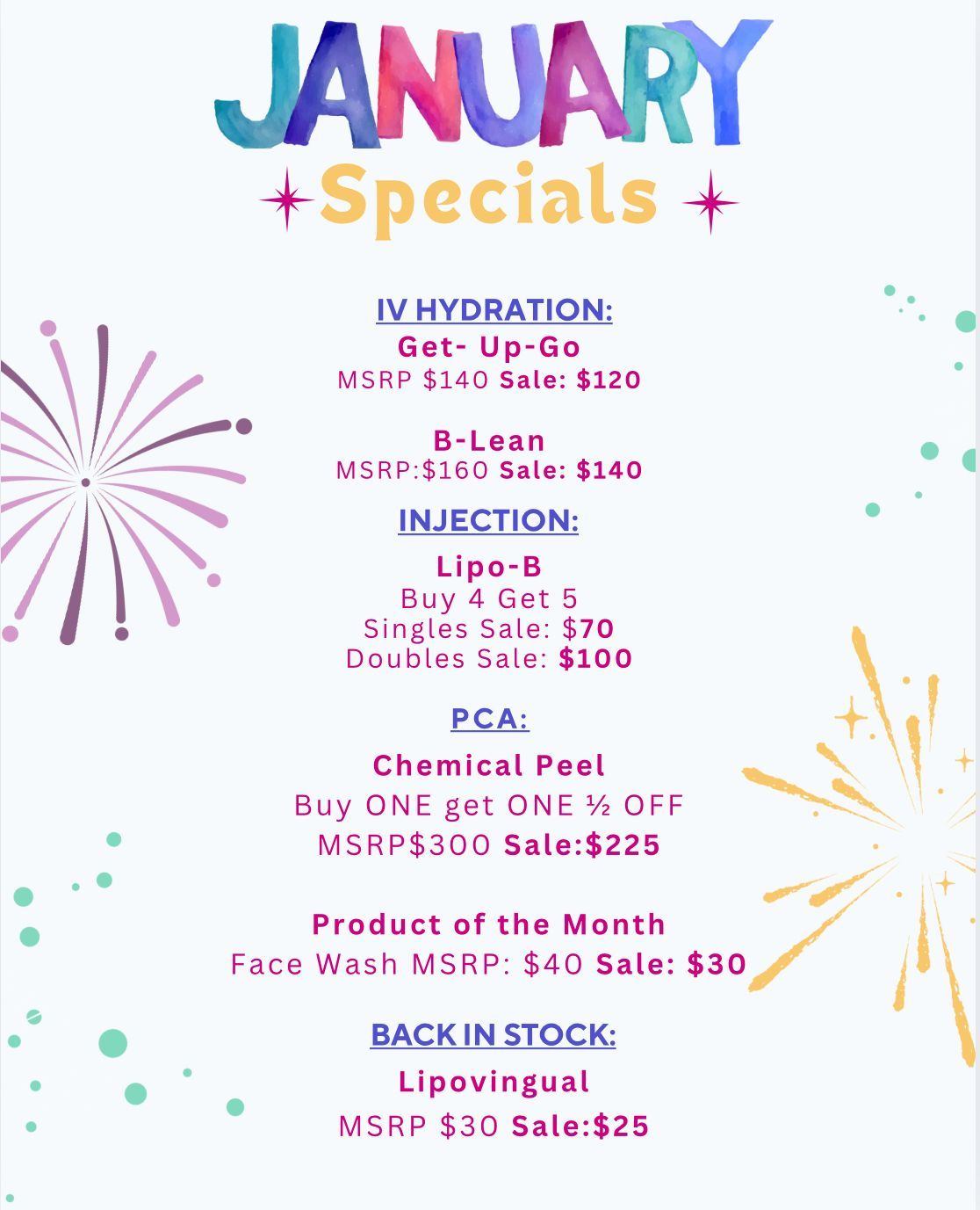 January specials flyer: IV hydration, B-Lean, Lipo-B injection, chemical peel, face wash, and Lipovingual.
