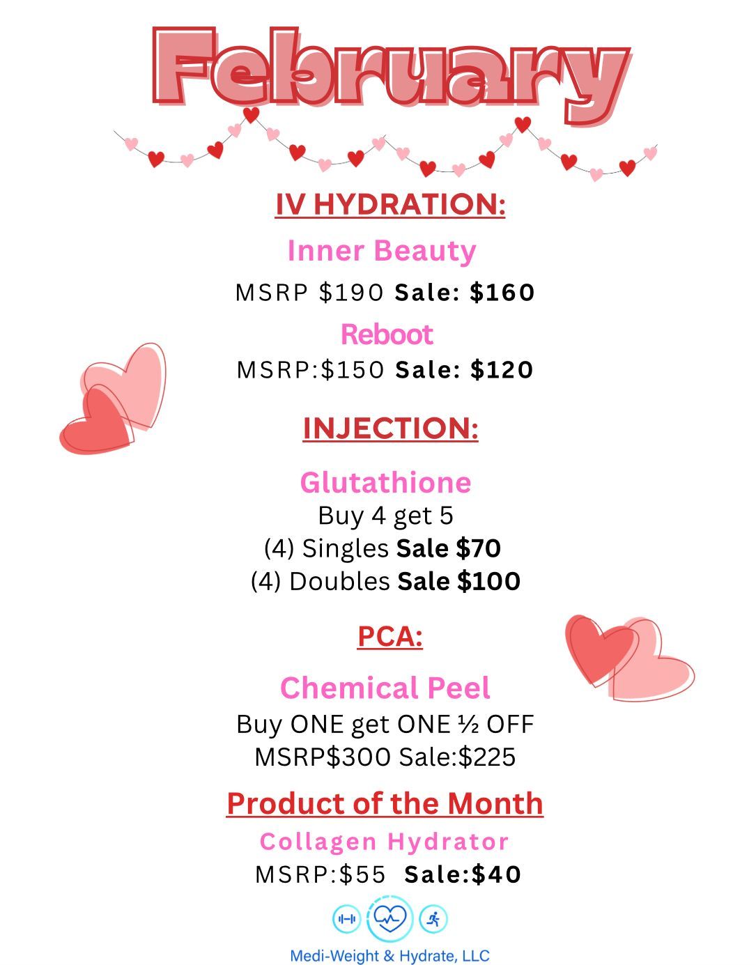 February sale flyer with IV hydration, injections, chemical peel, and product of the month listed with prices.