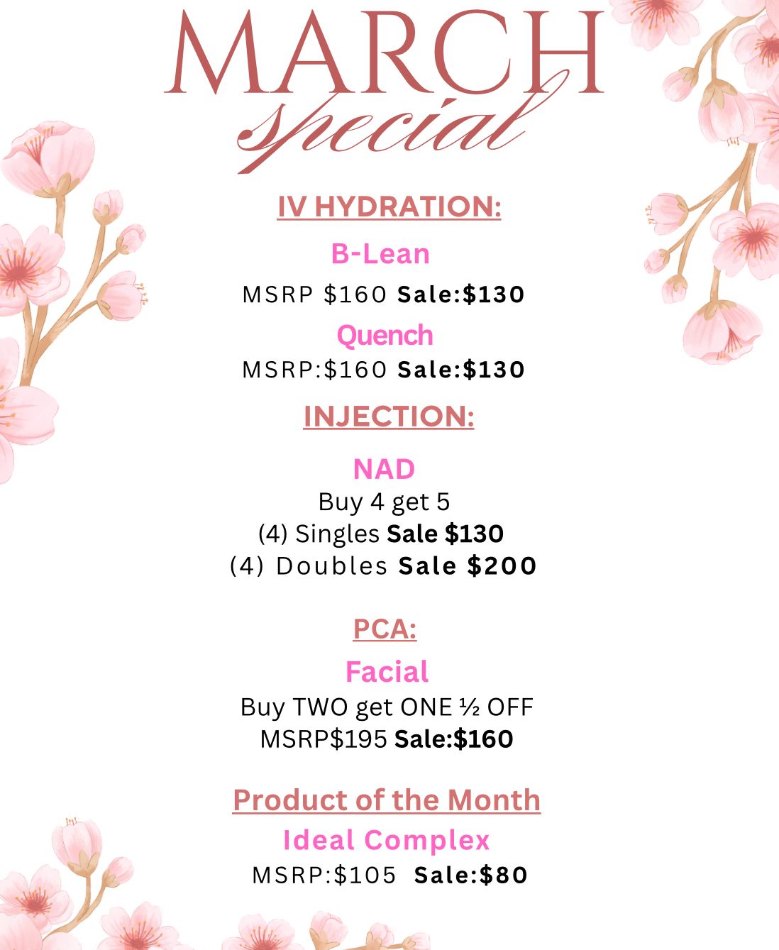 February sale flyer with IV hydration, injections, chemical peel, and product of the month listed with prices.