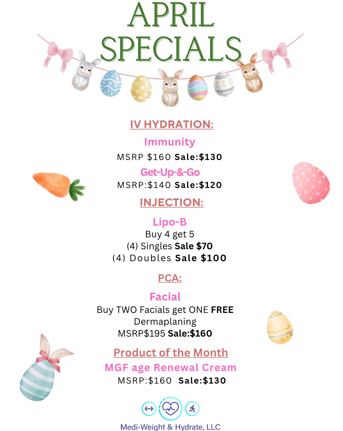 April specials flyer listing discounts on IV hydration, injections, PCA facials, and skincare products.
