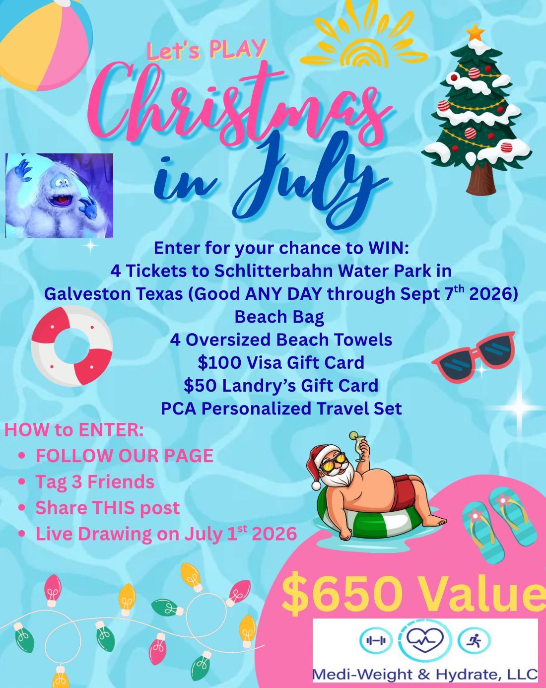 Christmas in July raffle flyer for a tropical vacation, $650 value, with holiday graphics and entry details