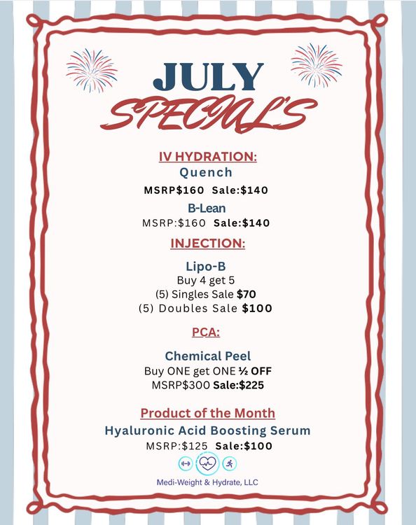 July Specials beauty clinic flyer with hydra facial, injections, chemical peel, and serum deals on white background