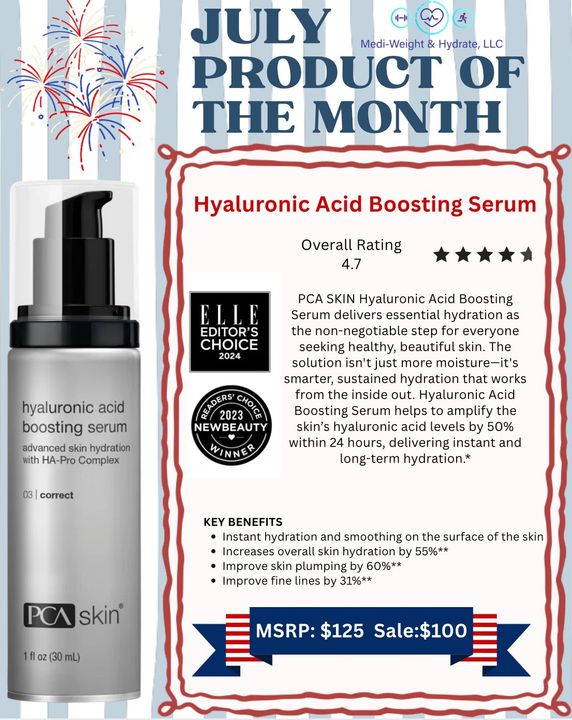 July product of the month ad for PCA Skin Hyaluronic Acid Boosting Serum, with bottle and discount badge