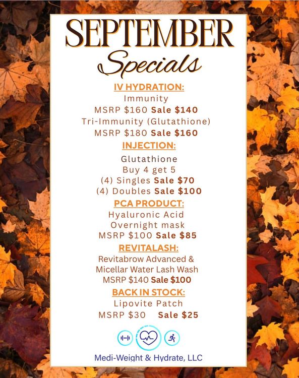 September specials flyer: IV hydration, injections, PCA product, Revitalash, and Lipovite patch sales.