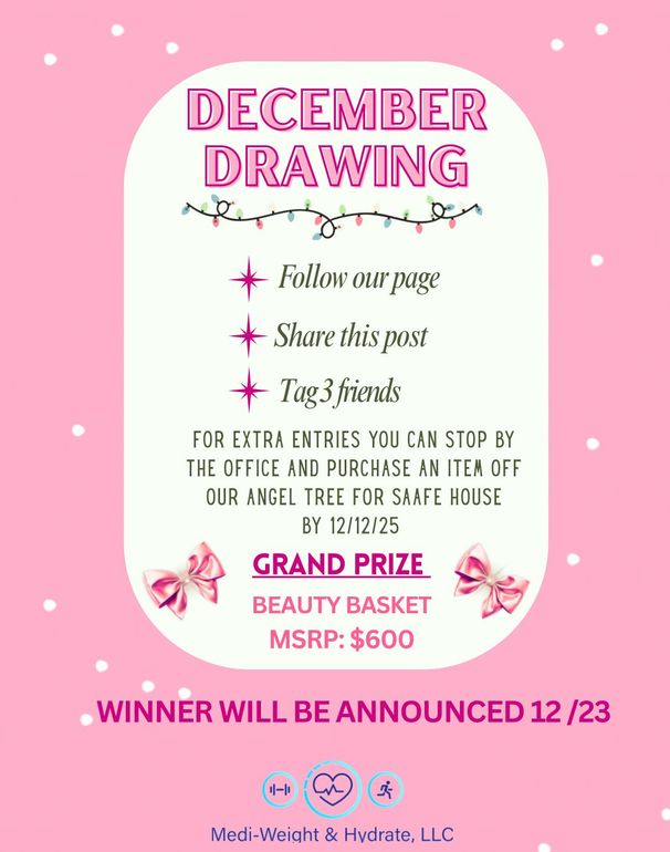 Pink flyer promoting a December drawing with instructions to enter to win a beauty basket.