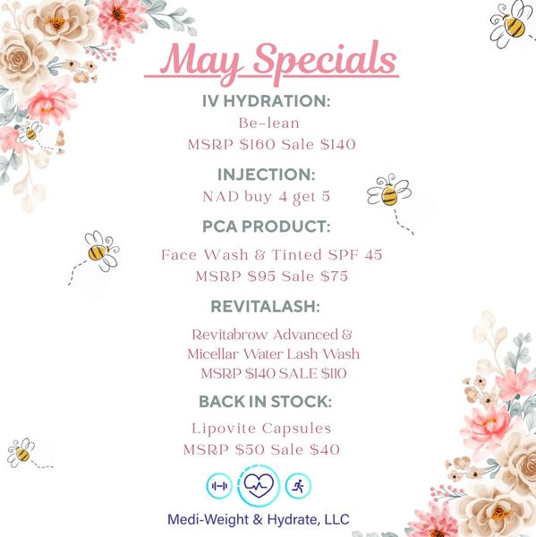 A poster for may specials with flowers and bees on it