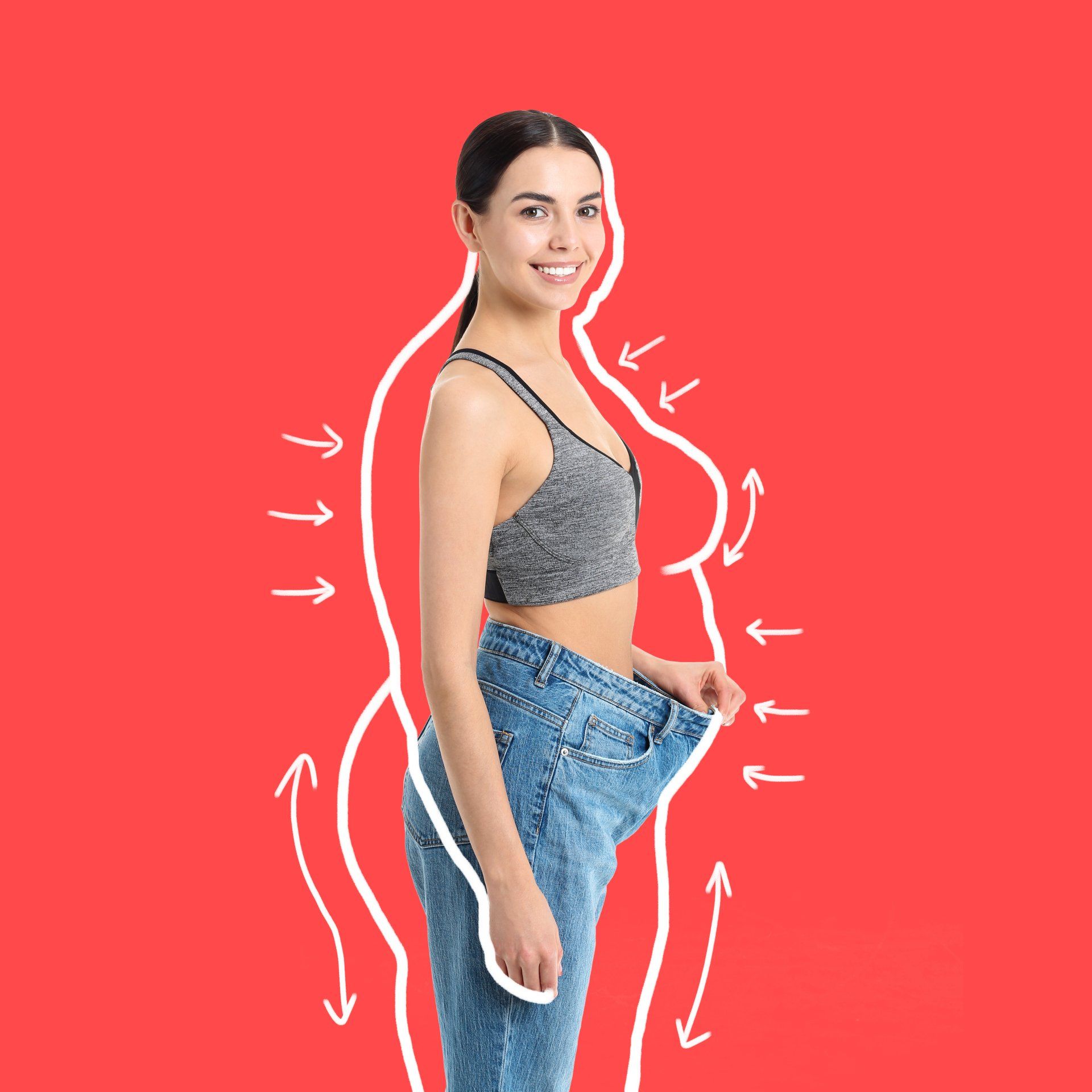 Young woman in loose clothes after weight loss