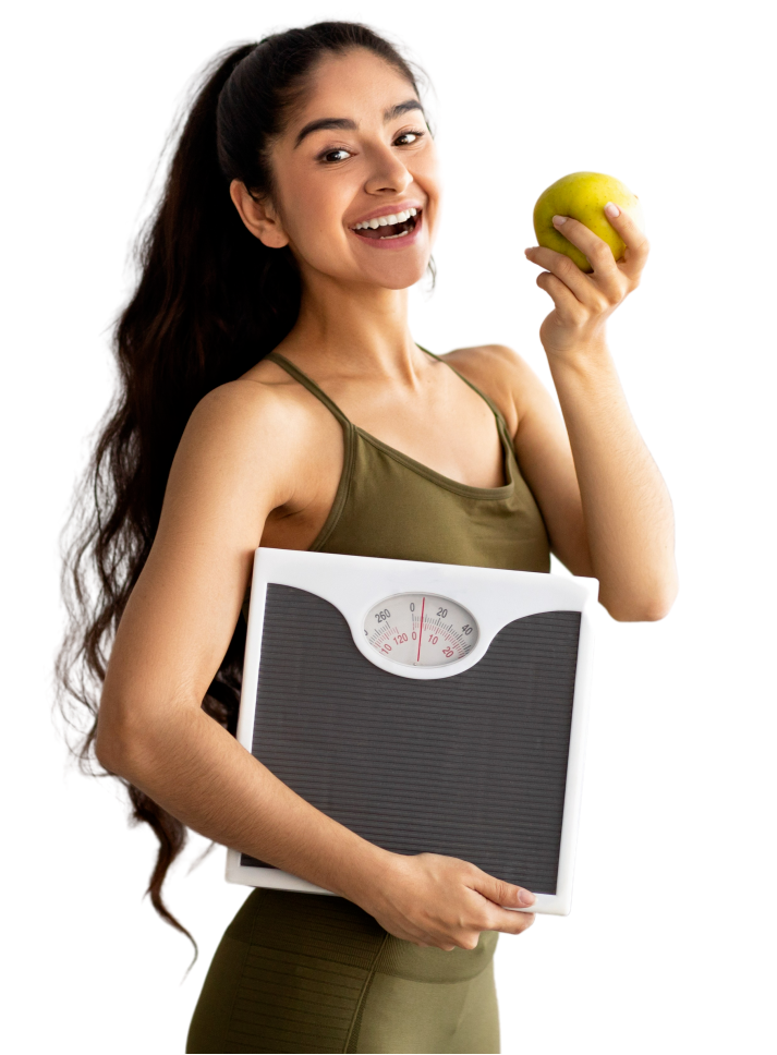 lady holding scales and eating apple, choosing healthy diet, panorama