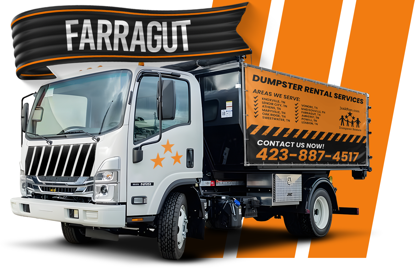 A garbage truck is parked in front of a sign that says Farragut.