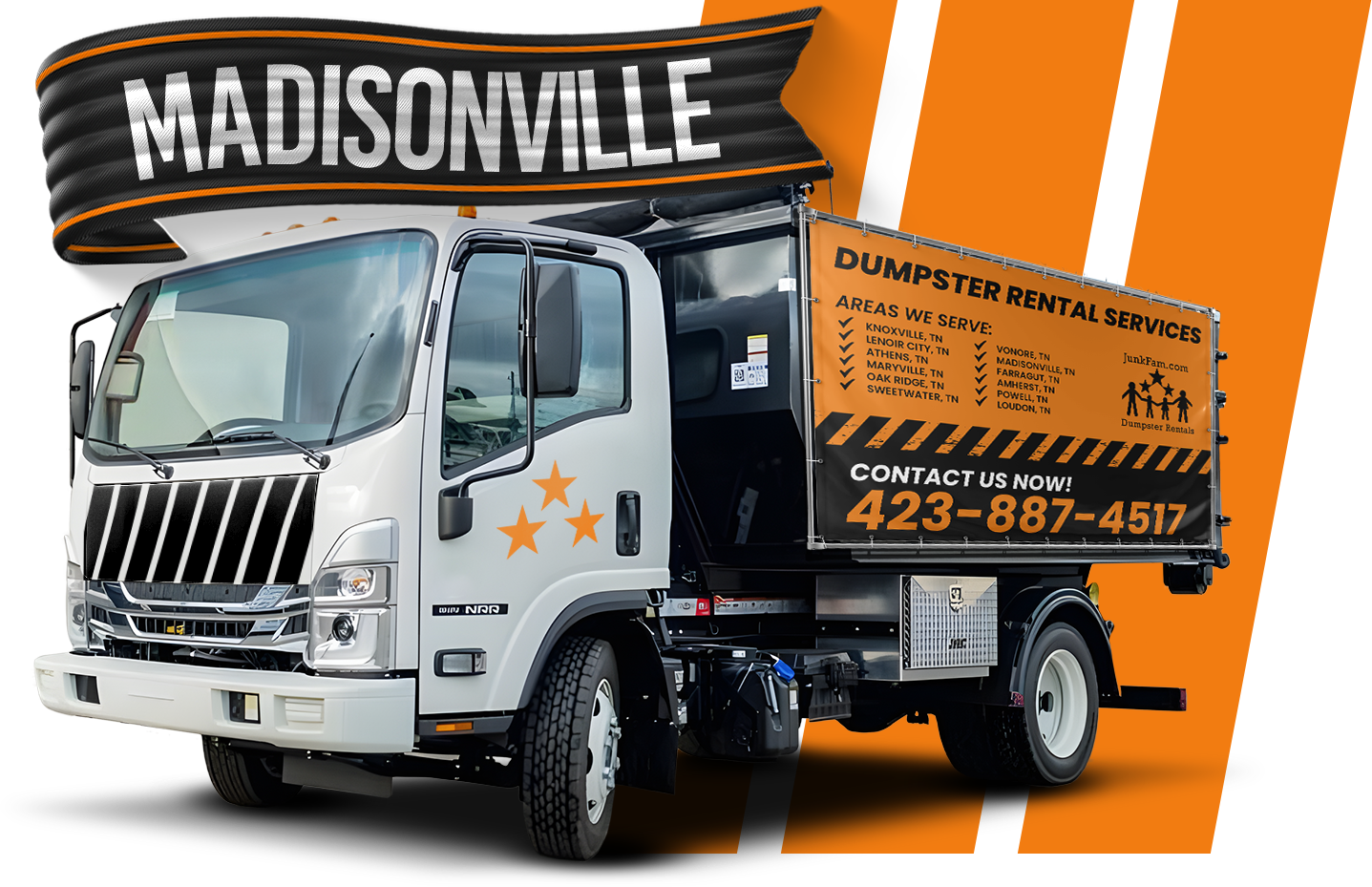 A dump truck is parked in front of a sign that says Madisonville.