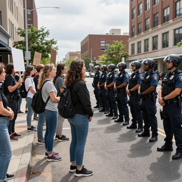 Protesters stand in a line facing a row of uniformed police officers on a city street.