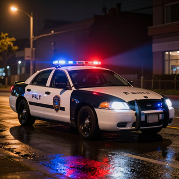 A black and white police cruiser with flashing blue and red lights parked on a wet city street at night.