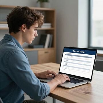 A person in a blue shirt sits at a desk using a laptop displaying a warrant status table.