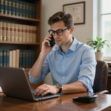 A person in a light blue shirt talks on a phone while working on a laptop in an office with a bookshelf in the background.