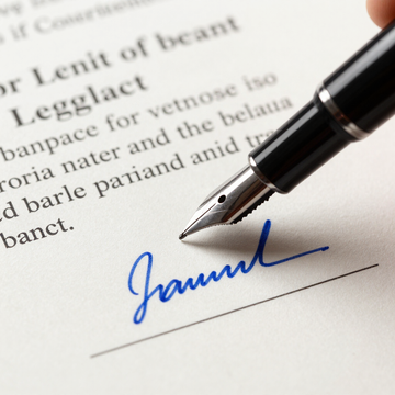 A hand uses a black fountain pen to sign a document with blue ink on a white paper.