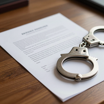A pair of metal handcuffs lying on top of a legal document on a wooden desk.