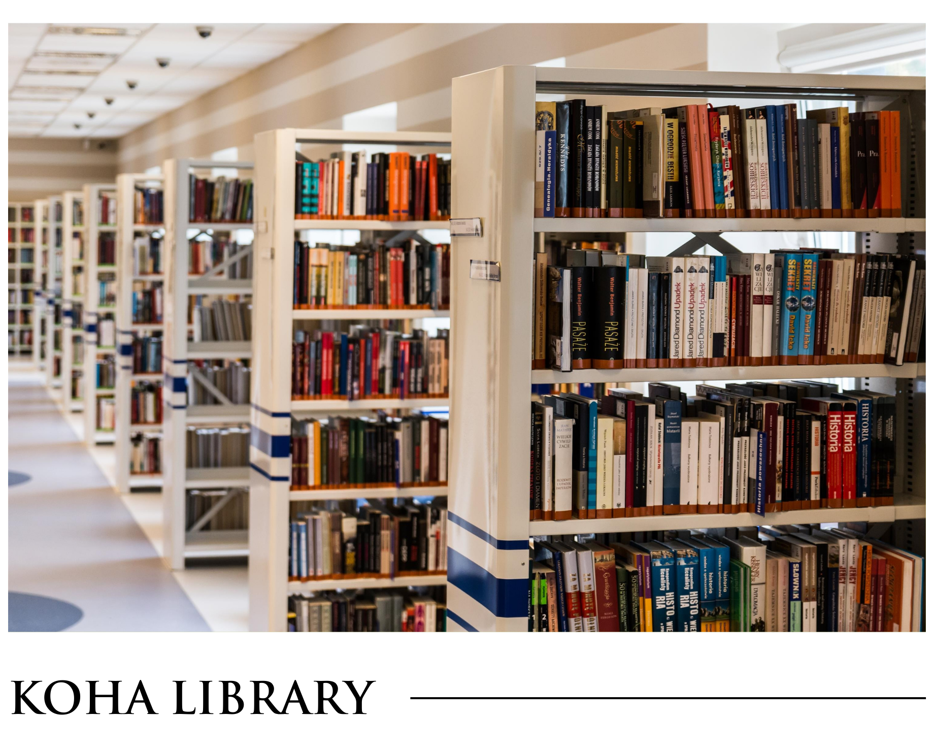 A row of bookshelves in a library with the words koha library on the bottom