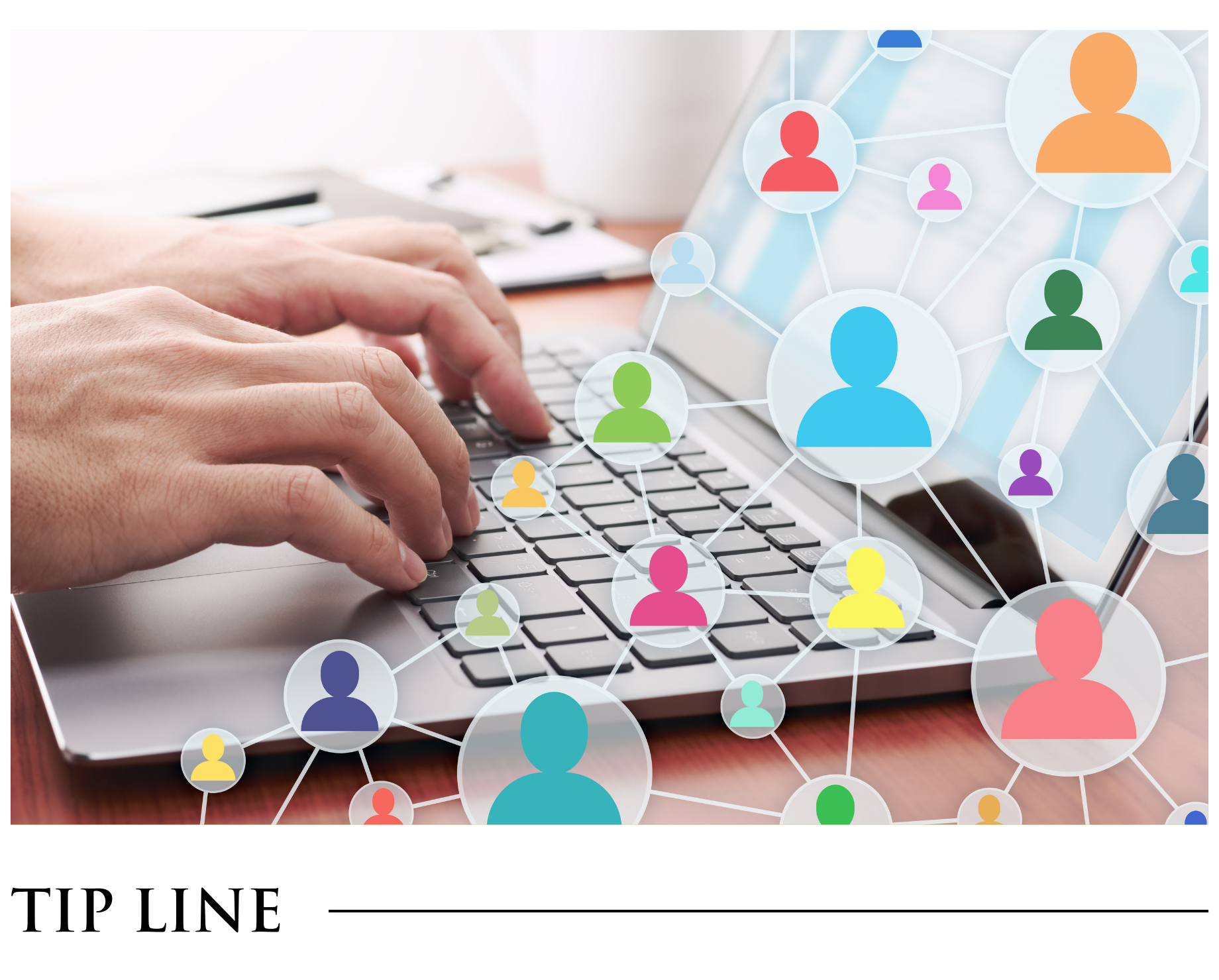 A person is typing on a laptop computer with icons of people on the screen.