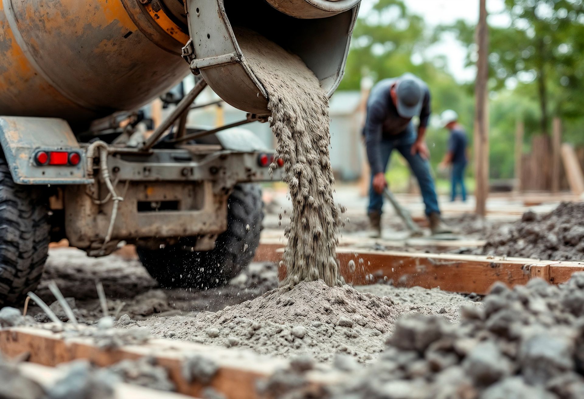 A cement truck pours wet concrete into wooden forms at a construction site while a worker levels the ground nearby.