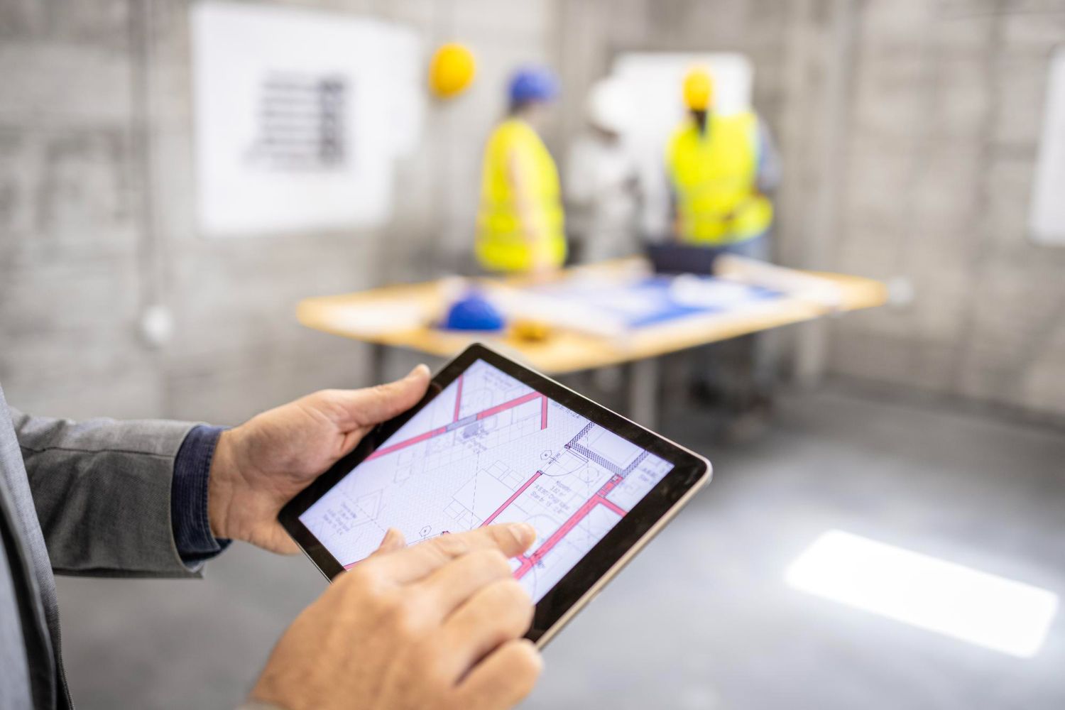 A person in a suit uses a tablet to view floor plans, with blurred construction workers and blueprints in the background.