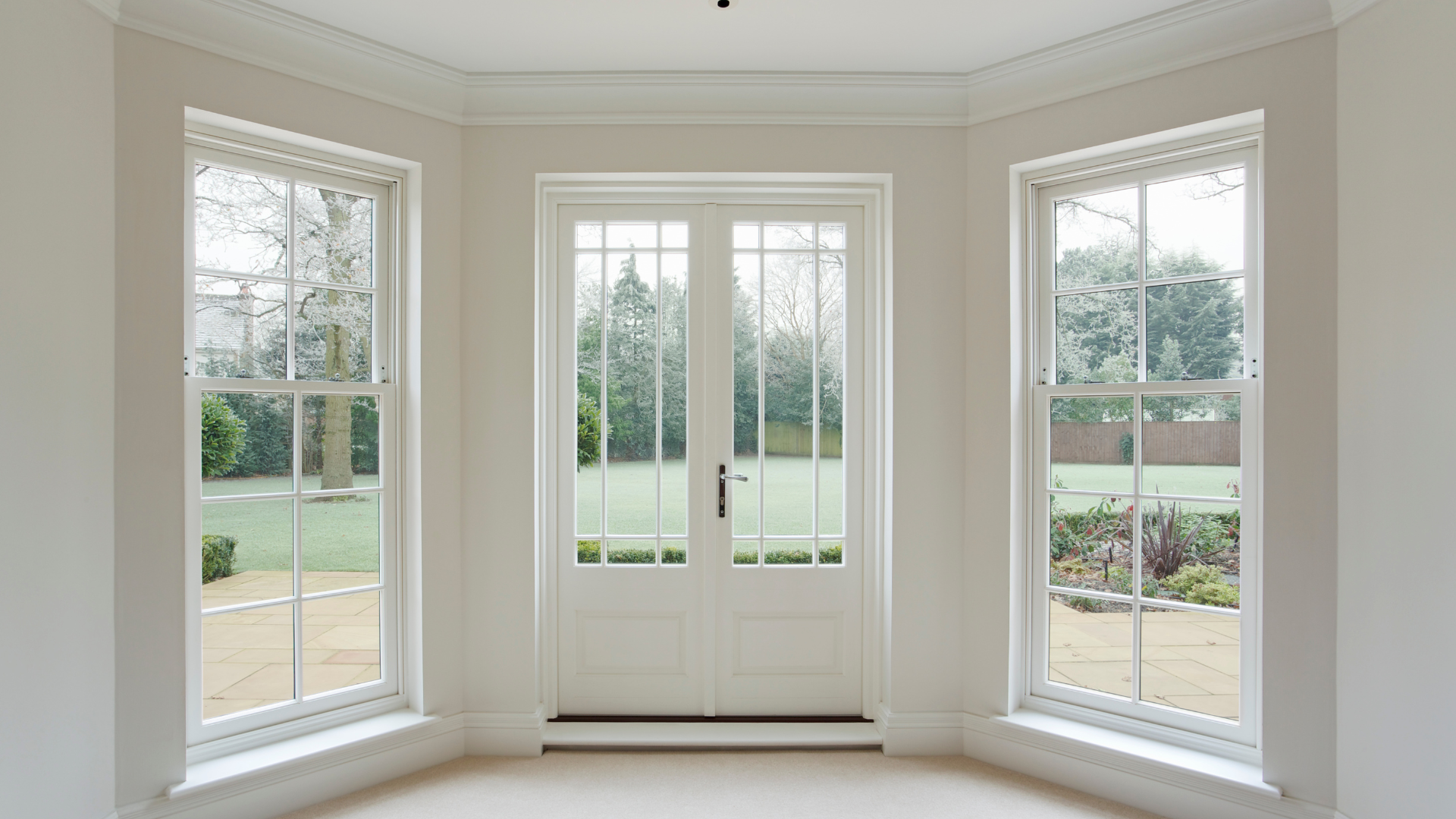 A bright room features a central set of white French doors flanked by two tall sash windows looking onto a garden.