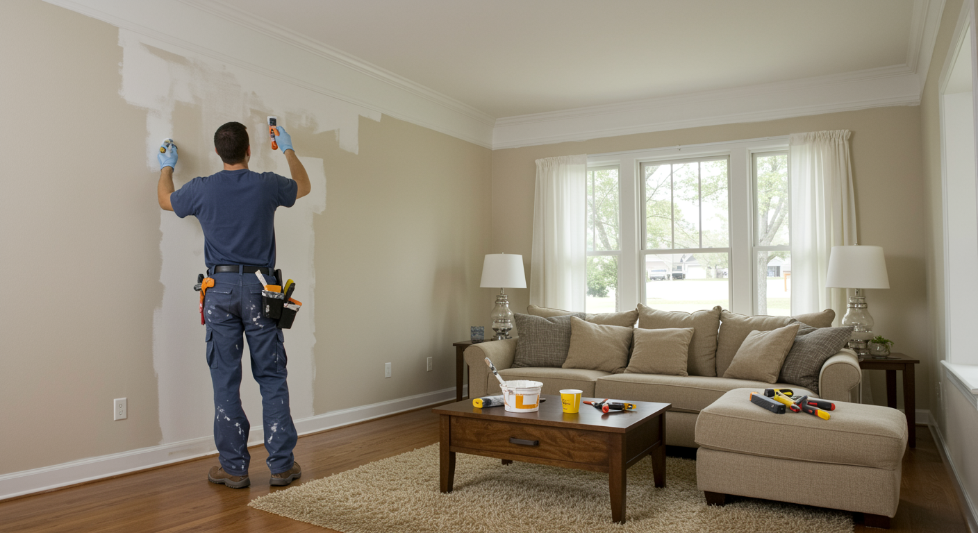 A person wearing a tool belt paints a beige wall white in a living room with a couch, coffee table, and area rug.