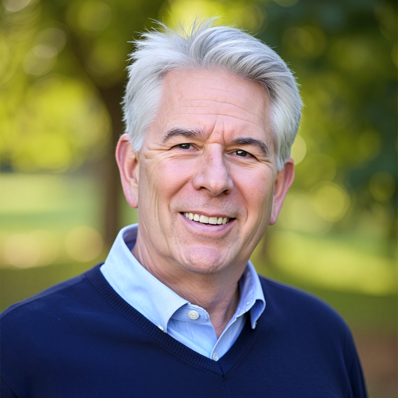 Man with gray hair and glasses, wearing a blazer and collared shirt, smiling.