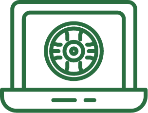 A green icon of a laptop with a wheel on the screen.