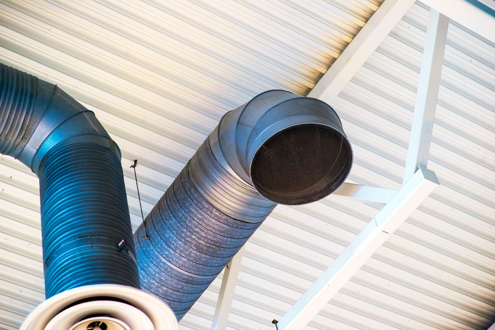 There are a lot of pipes hanging from the ceiling of a building.