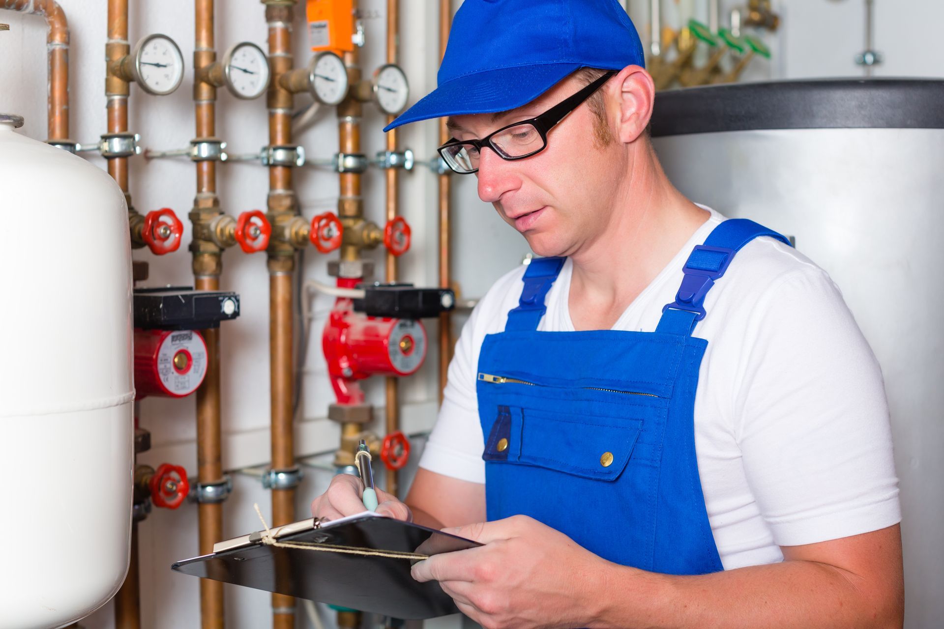 A man in a blue hat and overalls is holding a clipboard and writing on it.