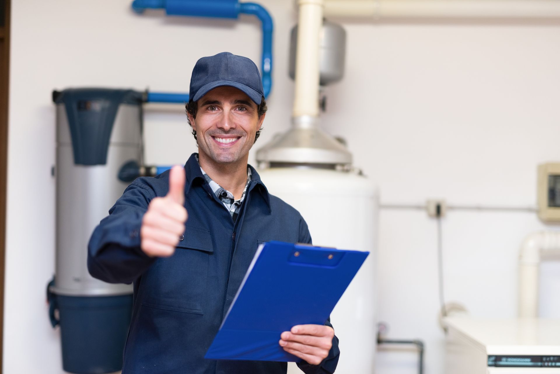 smiling technician  servicing hot water tank