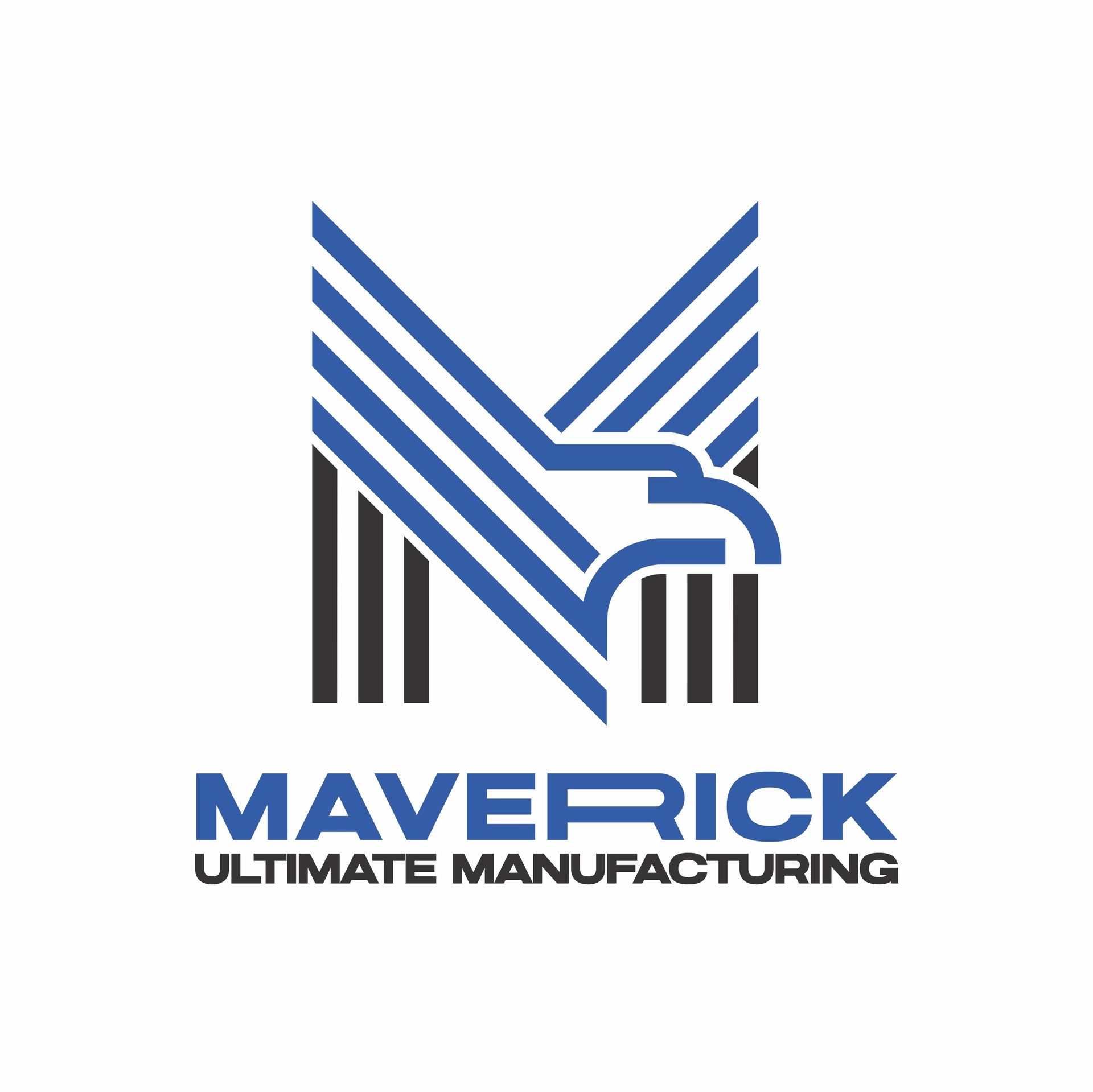 A blue and black logo for maverick ultimate manufacturing