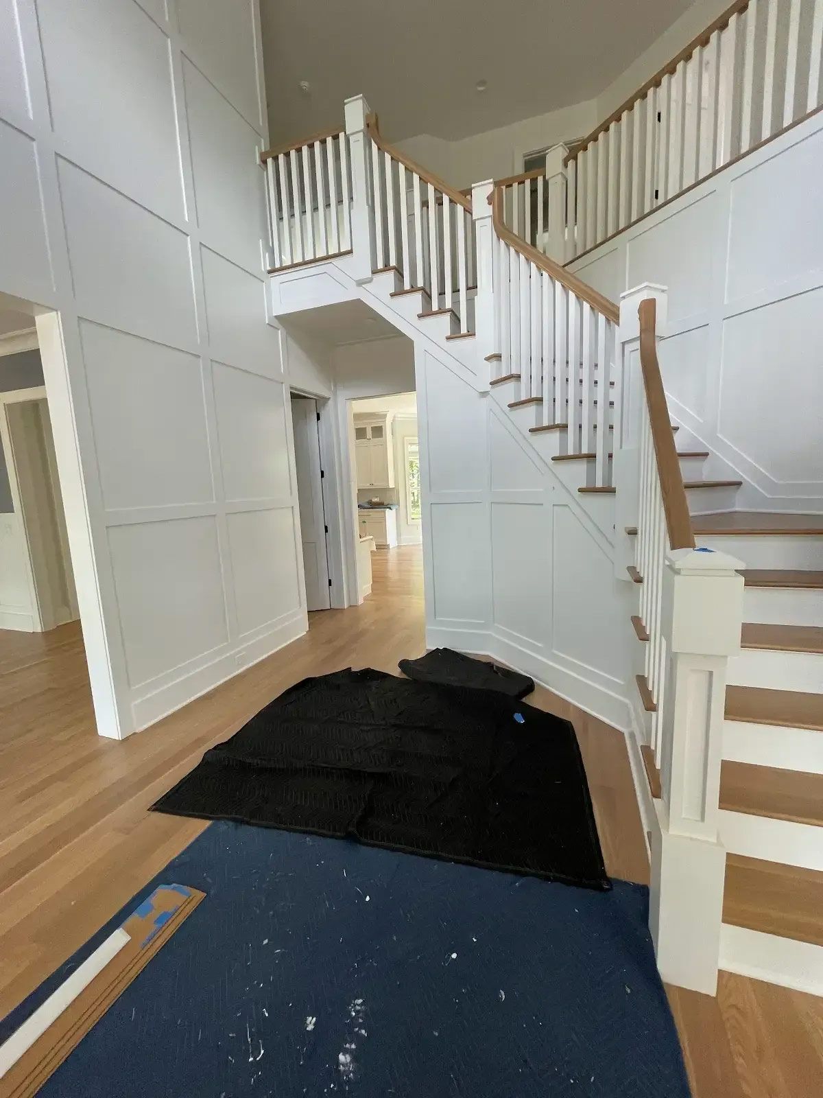 There is a staircase in the middle of the room