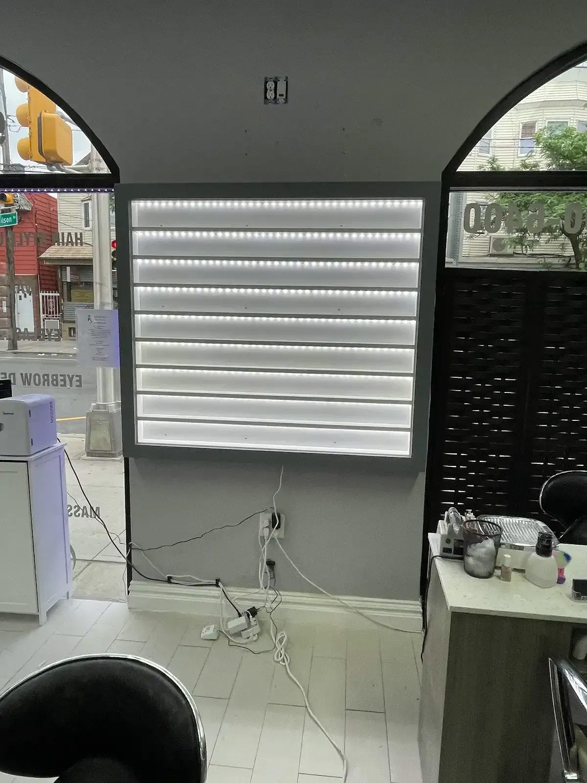 A room with a window that has the number 8 on it