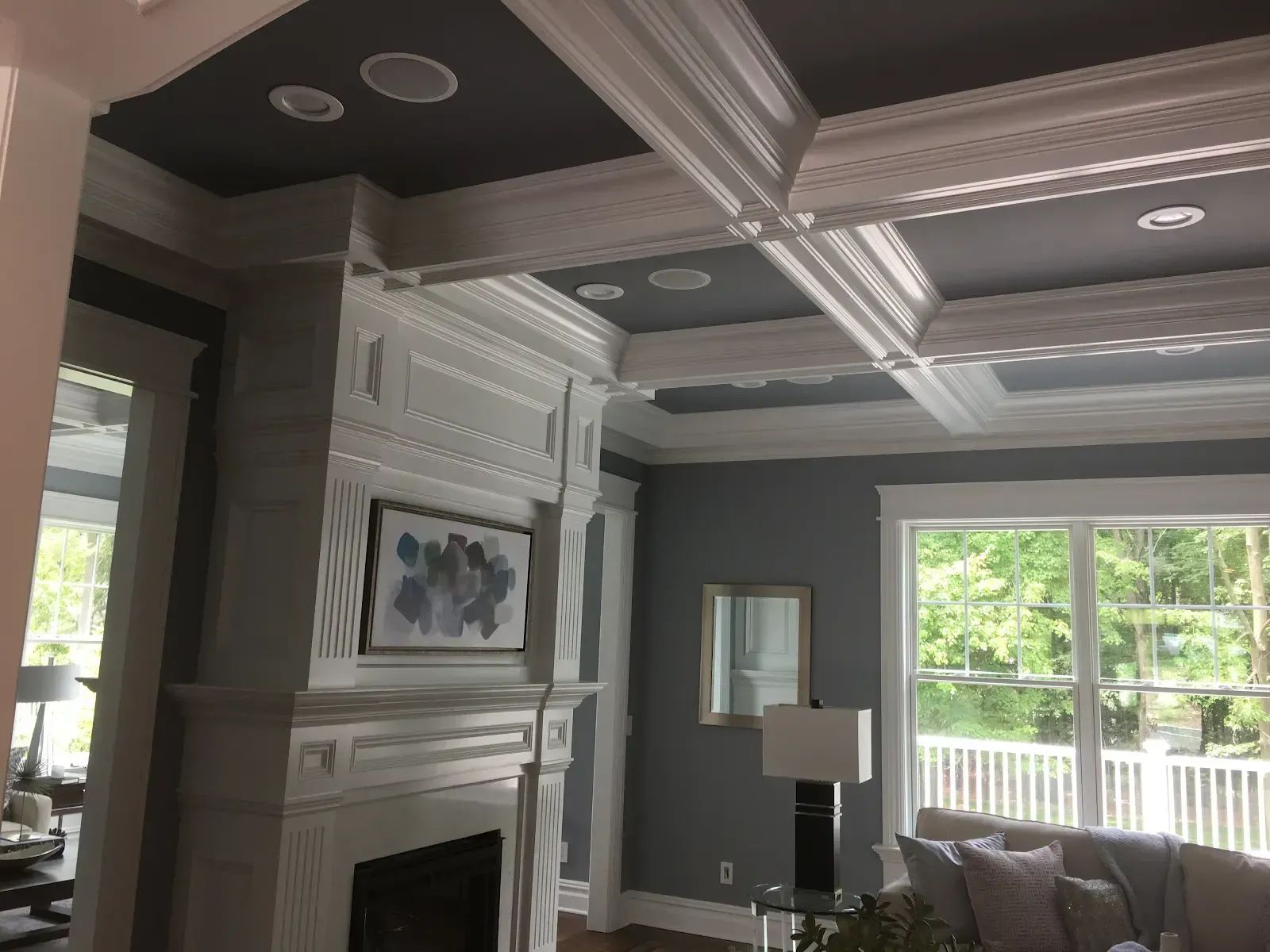 A living room with a fireplace and a couch