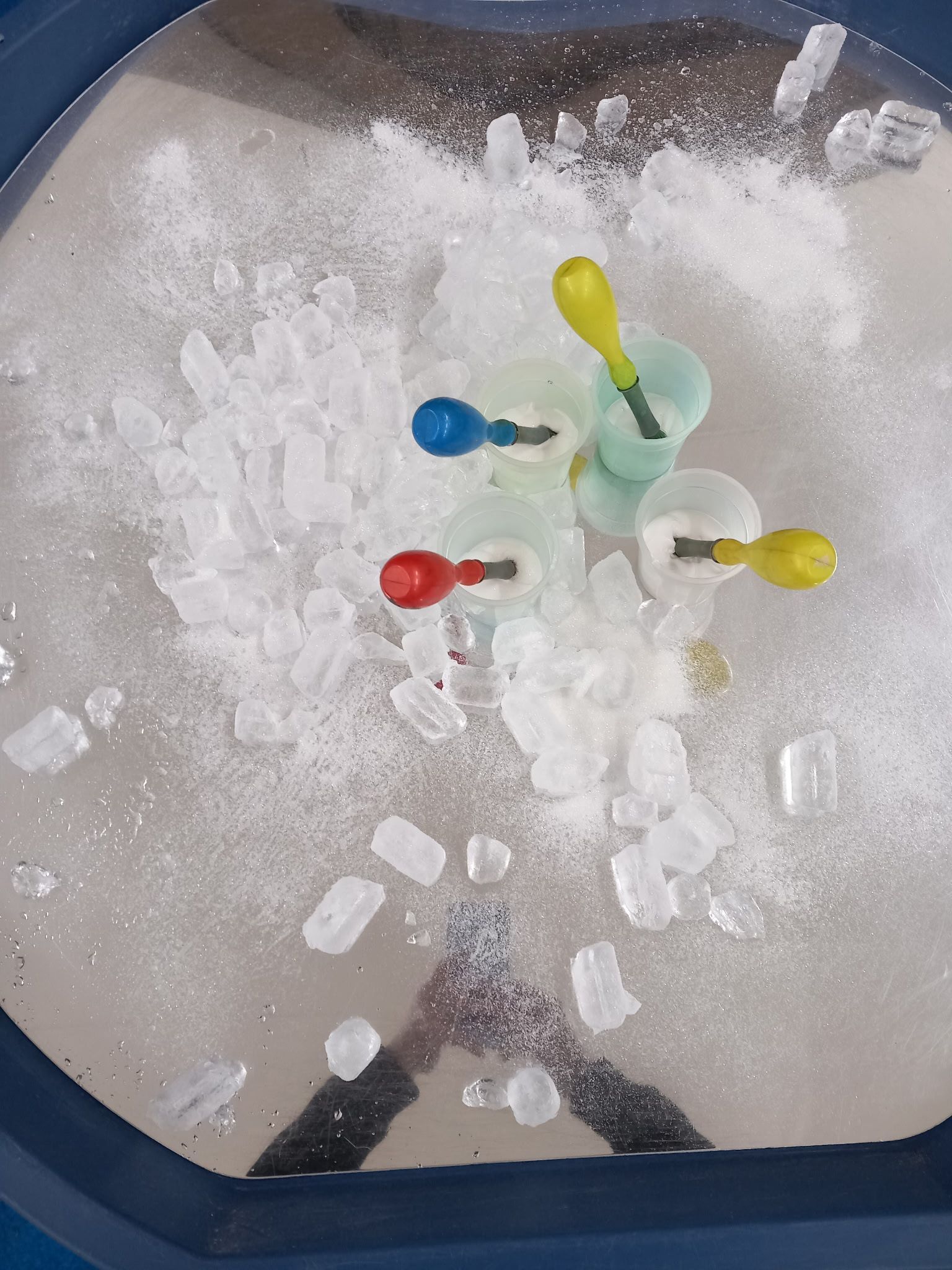 Colorful balloons inserted into a snowy substance in a metal tray.