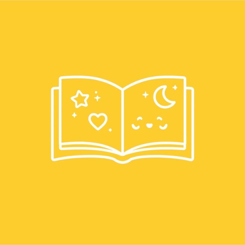 Open book with a star, heart, and moon on pages; turquoise background.
