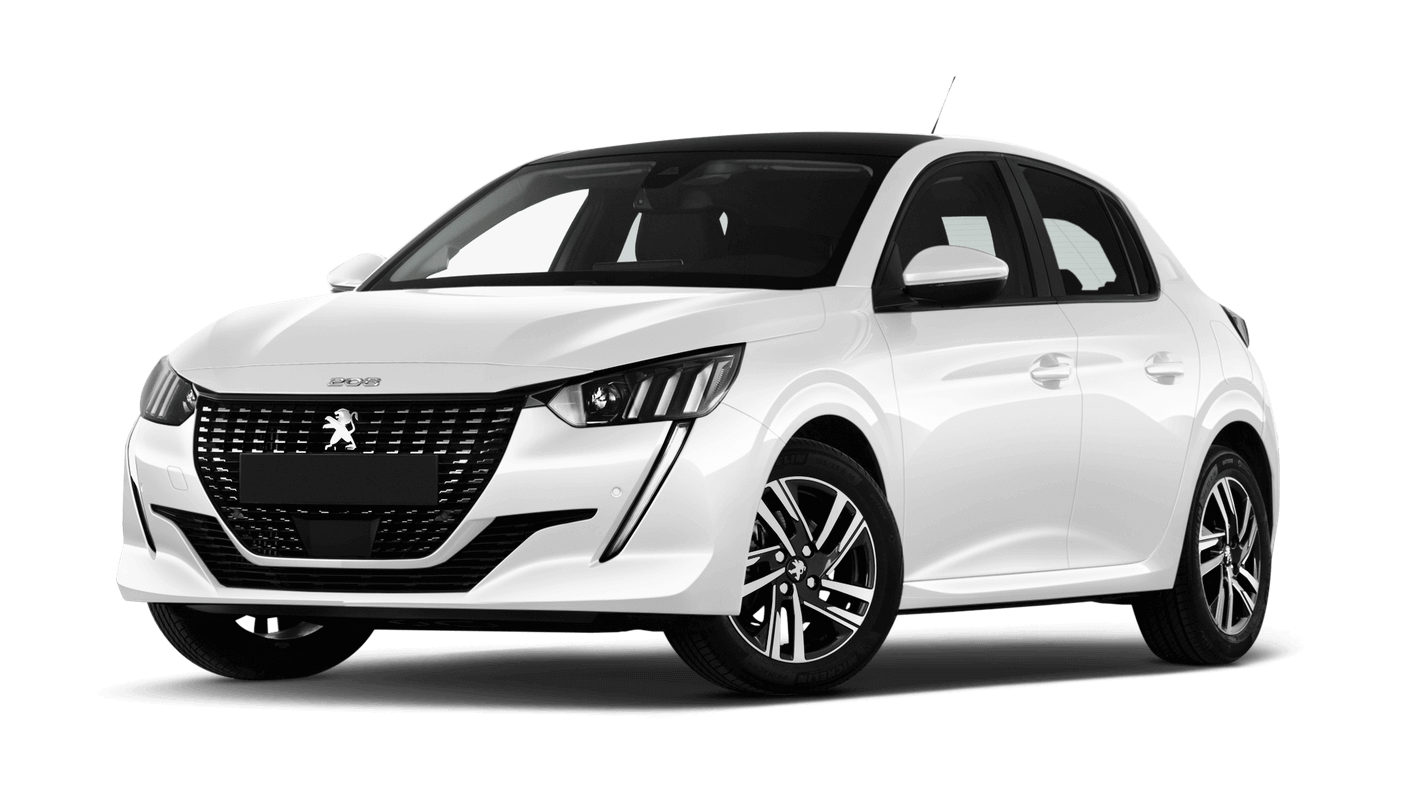 Una Peugeot 208 berlina bianca è mostrata su uno sfondo bianco.