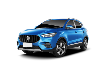 Un'auto elettrica mg zs blu è mostrata su uno sfondo bianco.