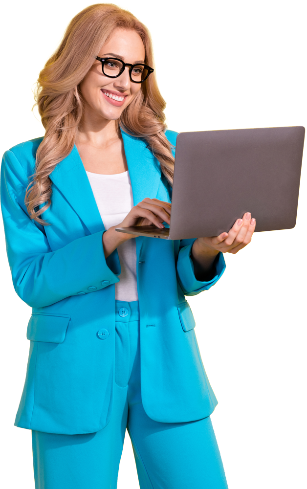 leadmonkey.ai | A woman in a blue suit is using a laptop computer.