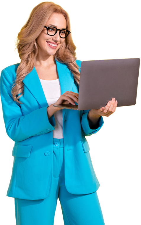 leadmonkey.ai | A woman in a blue suit is using a laptop computer.