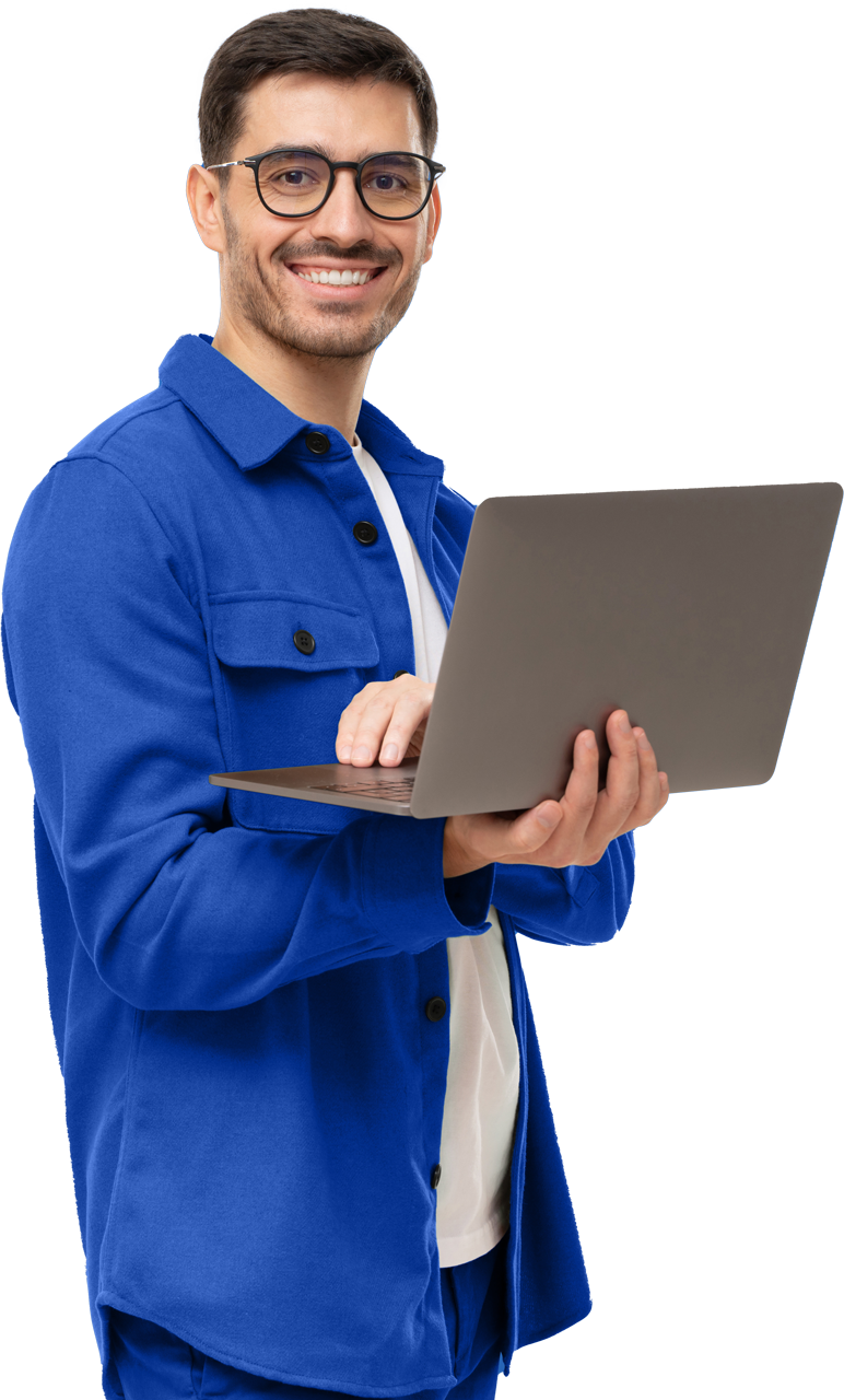 leadmonkey.ai | A woman in a blue suit is using a laptop computer.