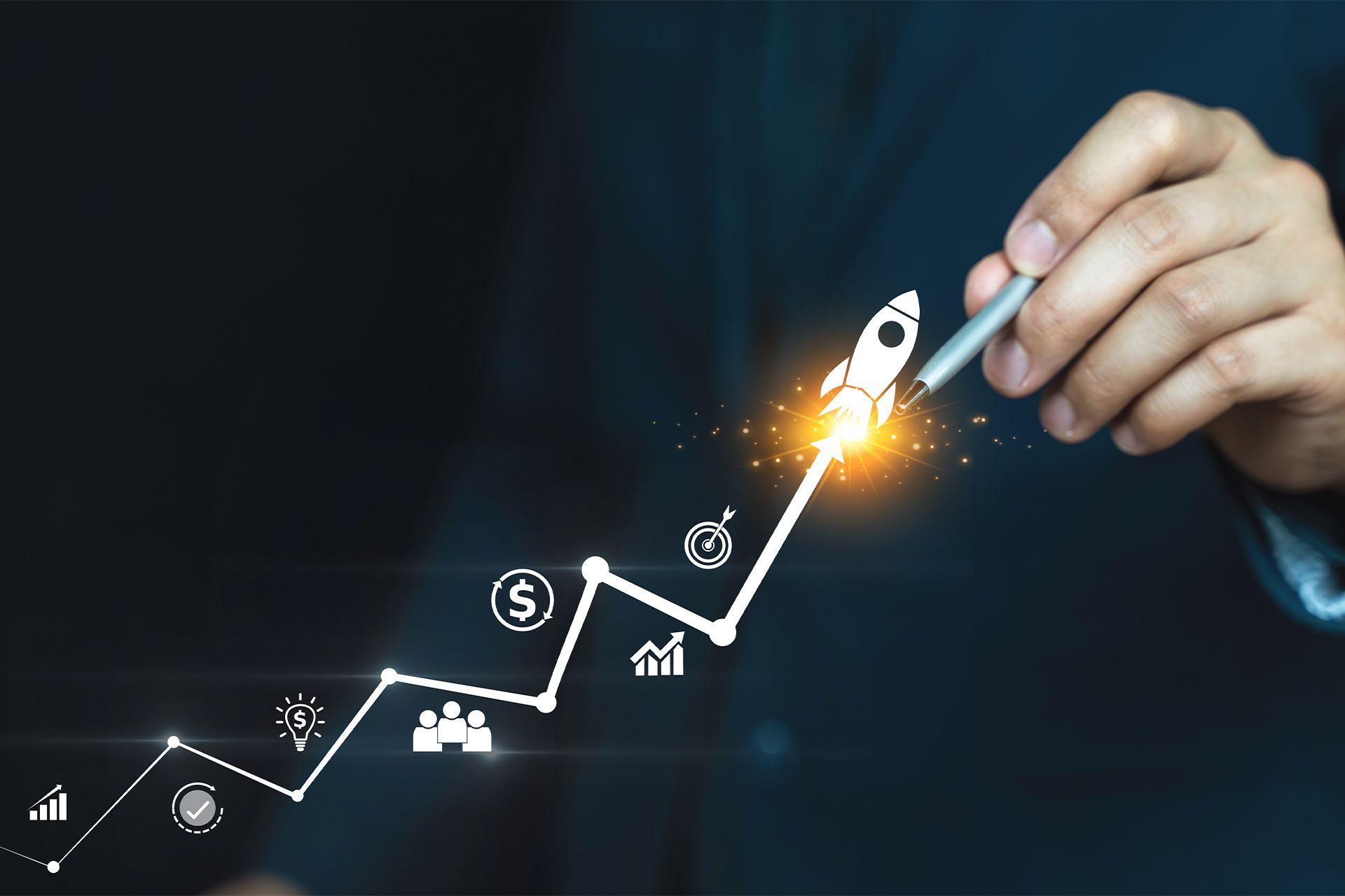 leadmonkey.ai | A person is drawing a rocket on a graph with a pen.