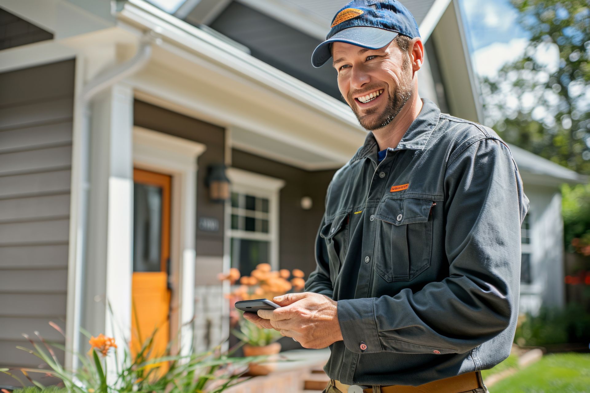 leadmonkey.ai | A man is standing in front of a house using a cell phone.