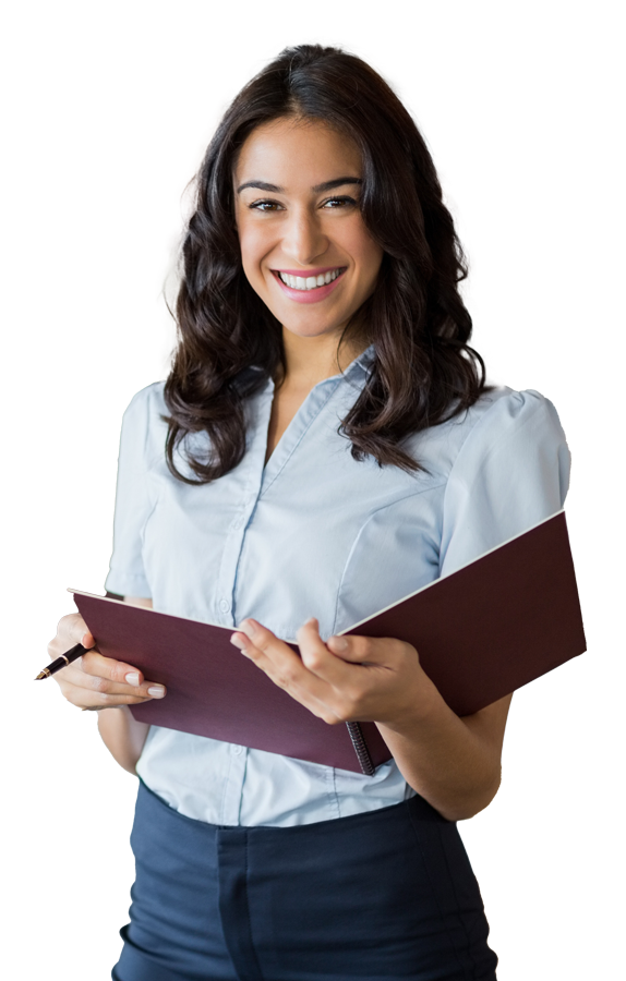leadmonkey.ai | A woman is smiling while holding a clipboard and a pen.