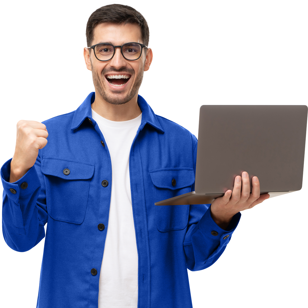leadmonkey.ai | A man is holding a laptop computer in his hands and smiling.