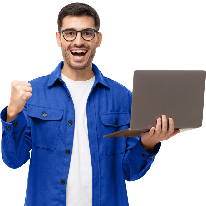 leadmonkey.ai | A man is holding a laptop computer in his hands and smiling.