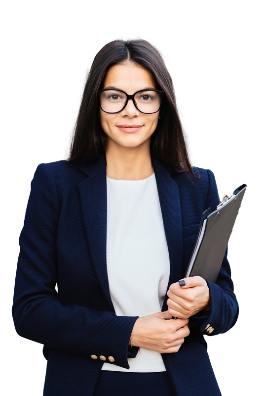 leadmonkey.ai | A woman in a suit and glasses is holding a clipboard.